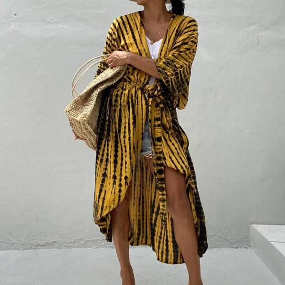 Mustard Yellow Tie Dye Boho Swim Coverup Kimono Robe - Picture 4 of 6